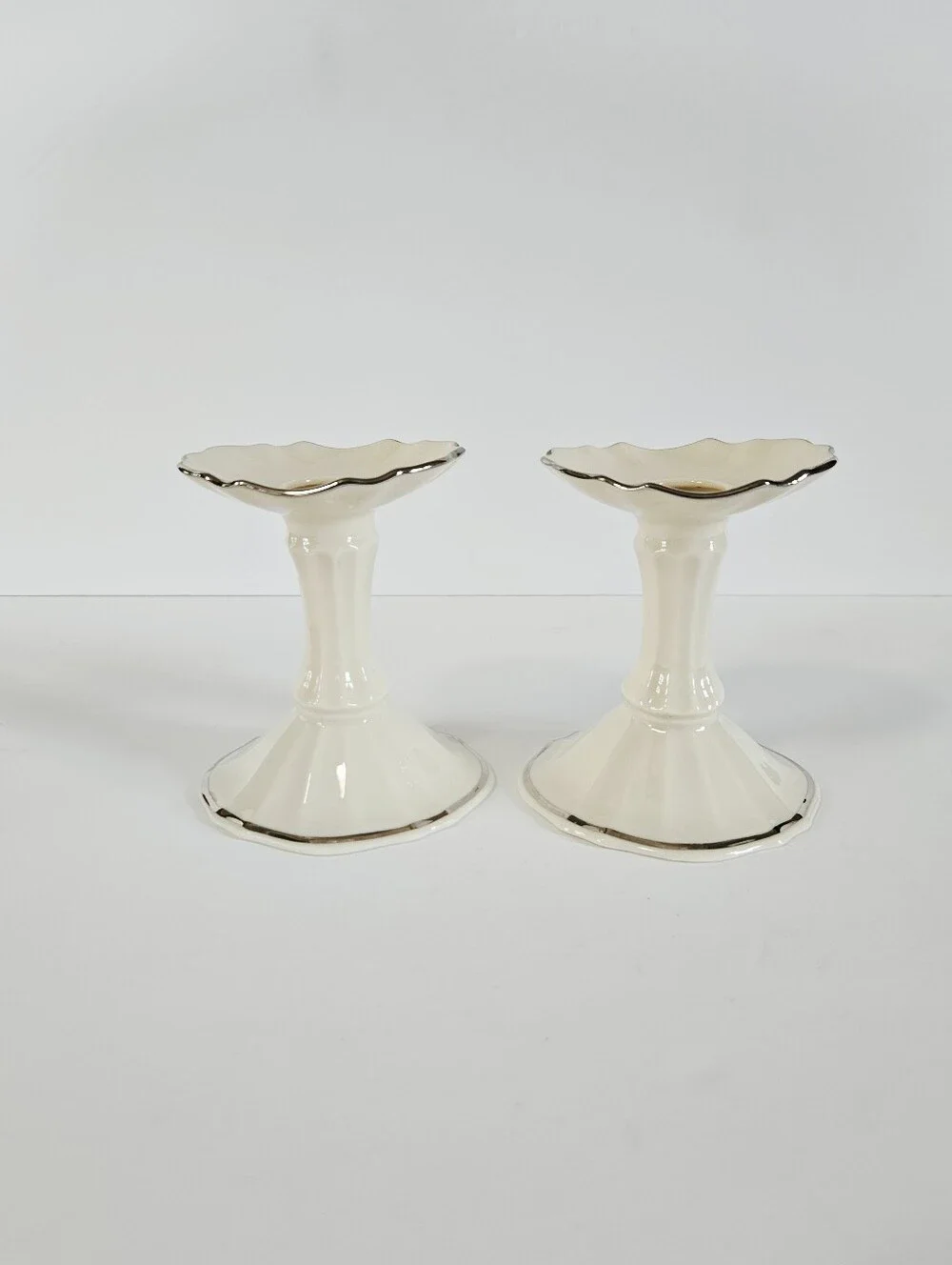 Lenox China Vintage Symphony Pattern Porcelain Candlesticks Ivory Platinum Trim